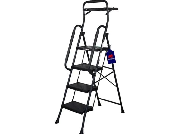 PROREGAL Profi-Trittleiter Klappbar Mit Handbügel Und Werkzeugablage 4 Stufen 160x51x87cm Traglast 150kg Stahl Schwarz Klappleiter Haushaltsleiter* Leitern