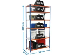PROREGAL Schwerlastregal Giant Metal Shark HxBxT 250 x 90 x 50 cm Fachlast 180 kg Blau-Orange