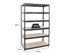 PROREGAL Schwerlastregal Giant Tiger HxBxT 200 x 120 x 60 cm Fachlast 265 kg 6-Ebenen Schwarz