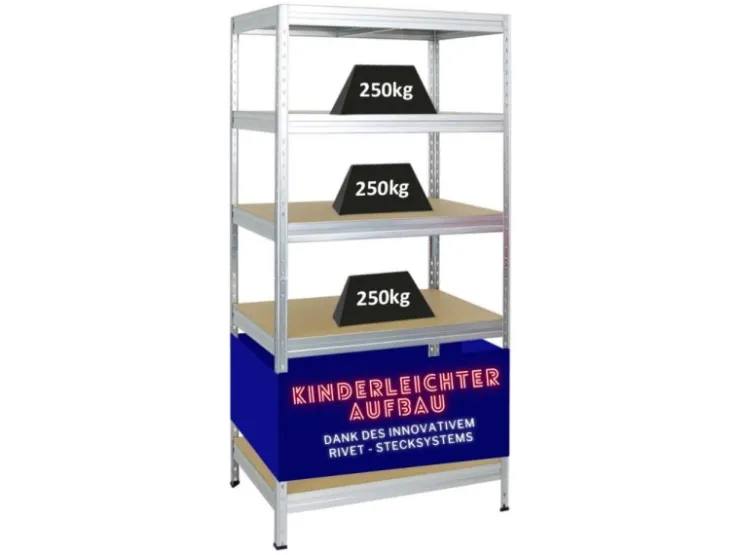 PROREGAL Schwerlastregal Rivet HxBxT 180 x 90 x 60 cm Fachlast 250 kg Innovatives Stecksystem* Metallregale|Kellerregale