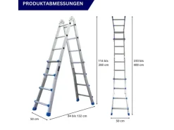 PROREGAL Sprossen-Mehrzweckleiter APOLLO 3-In-1 Aluminiumleiter 4x4 Sprossen Bis Zu 4 M Höhe 150 kg Traglast Silber Klappleiter Stehleiter* Klapptritte