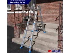 PROREGAL Sprossen-Mehrzweckleiter APOLLO 3-In-1 Aluminiumleiter 4x4 Sprossen Bis Zu 4 M Höhe 150 kg Traglast Silber Klappleiter Stehleiter* Klapptritte