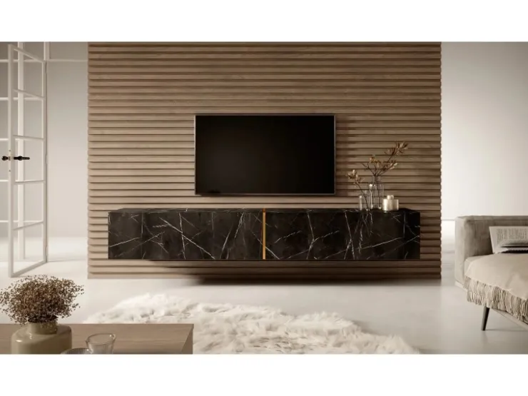 Selsey TV-Hängeboard Bisira 200 cm Schwarze Marmoroptik mit Goldenem Einsatz