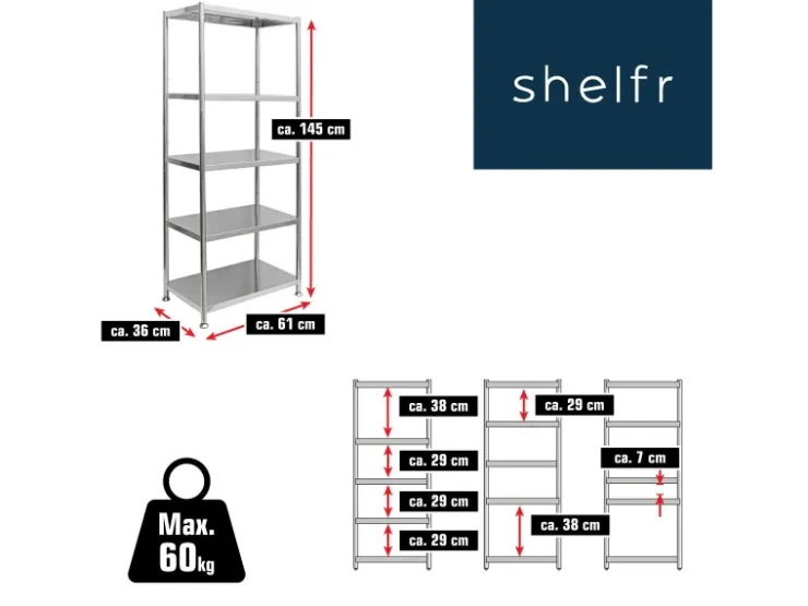 shelfr Schwerlast Edelstahl Regal mit 5 Ebenen 61 x 36 x 145 cm bis 60kg* Regalsysteme