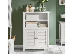 SoBuy Badschrank Sideboard mit 2 Ablagen und Lamellentüren 60x90x26cm Weiß BZR13-W