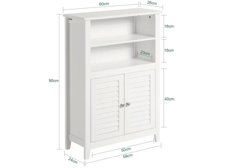 SoBuy Badschrank Sideboard mit 2 Ablagen und Lamellentüren 60x90x26cm Weiß BZR13-W
