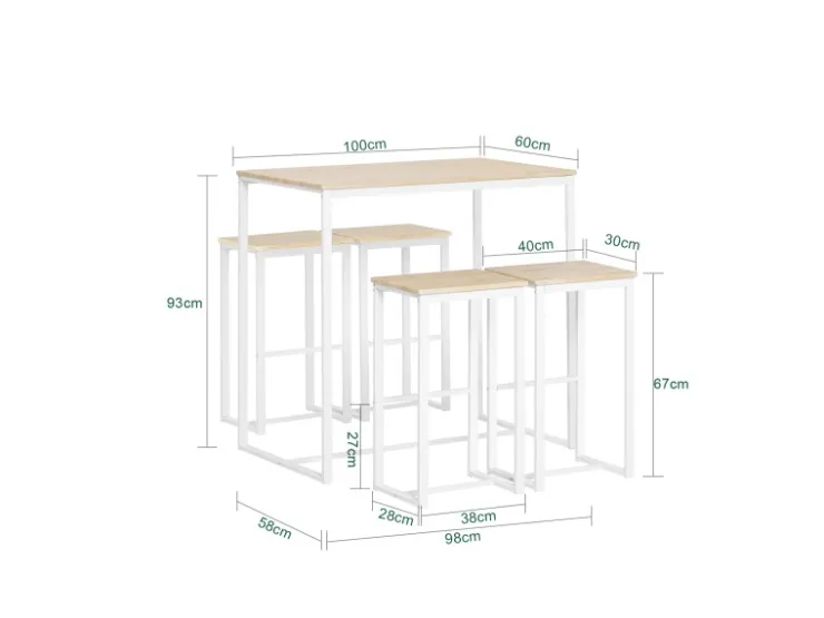 SoBuy Bartisch Set 5-teilig Essgruppe Esstisch mit 4 Hockern Weiß-Natur OGT15-WN