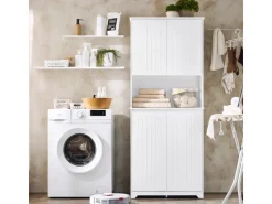 SoBuy Hochschrank Badschrank mit Wäschesack Wäscheschrank Weiß BZR150-W* Aufbewahrung