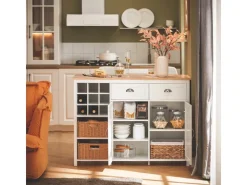 SoBuy Kücheninsel mit 2 Rattankörben Küchenschrank Sideboard Buffet KNL05-W* Schränke