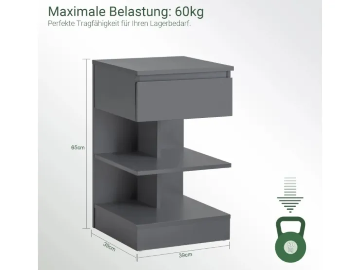SoBuy Nachttisch mit Schublade und 2 Ablagen Beistelltisch 39x65x39cm Grau FBT49-HG* Sofas