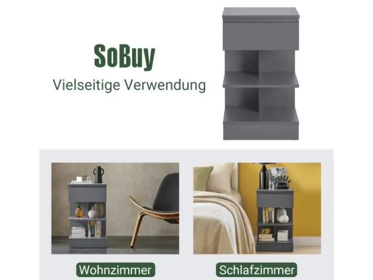 SoBuy Nachttisch mit Schublade und 2 Ablagen Beistelltisch 39x65x39cm Grau FBT49-HG* Sofas