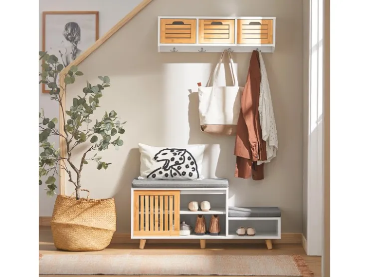 SoBuy Schuhbank mit 2 Sitzflächen und 1 Schiebetür MDF Bambus Weiß FSR125-WN
