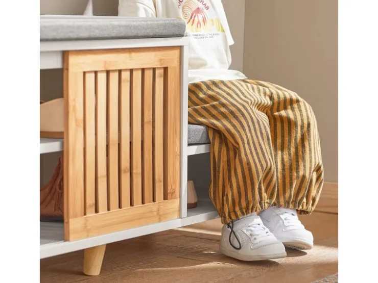 SoBuy Schuhbank mit 2 Sitzflächen und 1 Schiebetür MDF Bambus Weiß FSR125-WN
