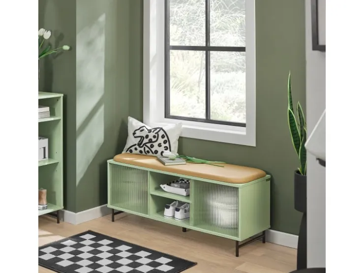 SoBuy Schuhbank mit Sitzfläche und Schiebetüren MDF Glas Grün FSR115-GR* Sitzbänke