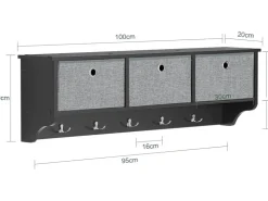 SoBuy Wandgarderobe mit 3 Körben und 5 Haken Holz Schwarz FRG282-SCH* Garderoben