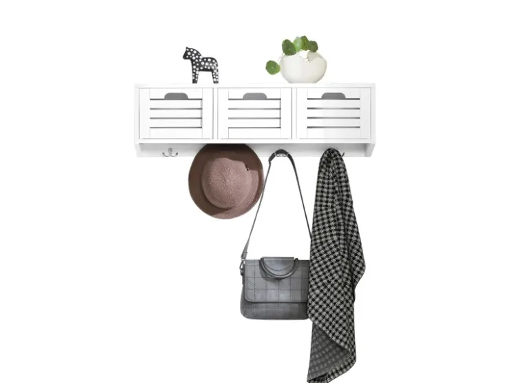 SoBuy Wandgarderobe mit 3 Körben und 4 Haken MDF Weiß FHK19-W