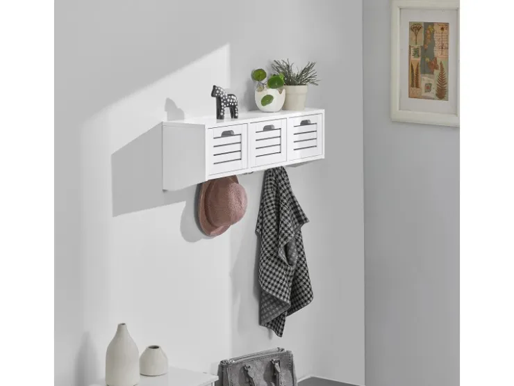SoBuy Wandgarderobe mit 3 Körben und 4 Haken MDF Weiß FHK19-W