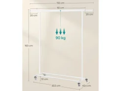 Songmics Kleiderständer mit Rollen 45,4 cm x 132 cm x 160 cm Weiß