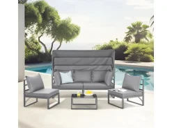 SVITA Maui Gartenmöbel-Lounge-Set Mit Dach Outdoor-Sofa Strandkorb-Sonneninsel Stahl