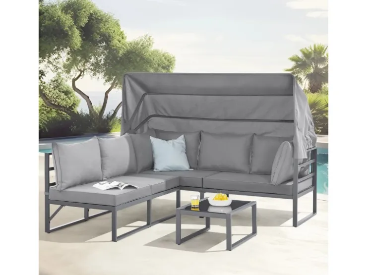 SVITA Maui Gartenmöbel-Lounge-Set Mit Dach Outdoor-Sofa Strandkorb-Sonneninsel Stahl