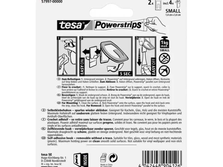 Tesa Selbstklebehaken Metall-Weiß rechteckig 2 Stück mit 4 x Powerstrips Small