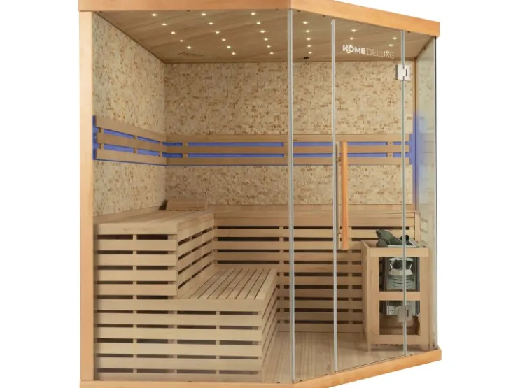 Home Deluxe Traditionelle Sauna SKYLINE BIG Tannenholz Natur XL mit Kunststeinwand* Sitzbänke
