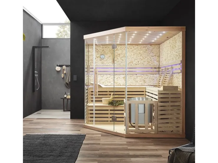 Home Deluxe Traditionelle Sauna SKYLINE BIG Tannenholz Natur XL mit Kunststeinwand* Sitzbänke