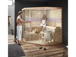 Home Deluxe Traditionelle Sauna SKYLINE BIG Tannenholz Natur XL mit Kunststeinwand* Sitzbänke