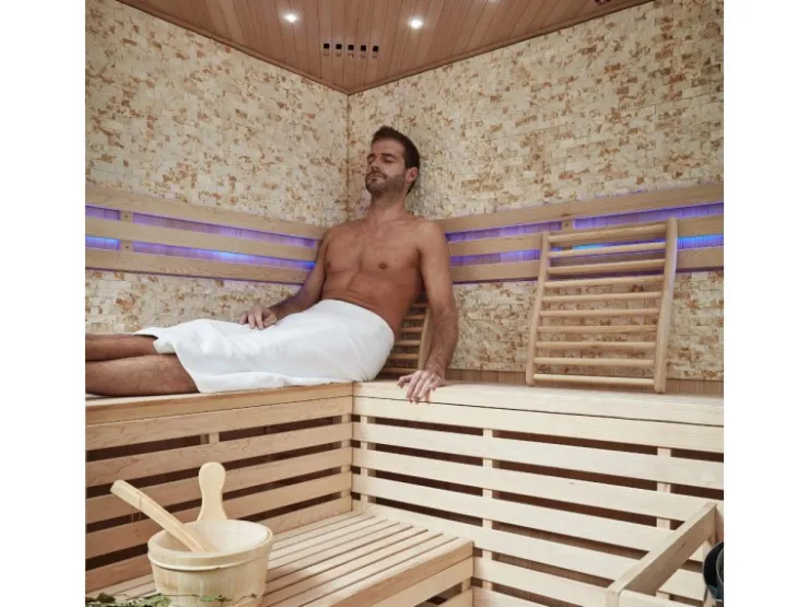 Home Deluxe Traditionelle Sauna SKYLINE BIG Tannenholz Natur XL mit Kunststeinwand* Sitzbänke