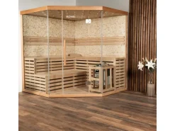 Home Deluxe Traditionelle Sauna SKYLINE BIG Tannenholz Natur XL mit Kunststeinwand* Sitzbänke