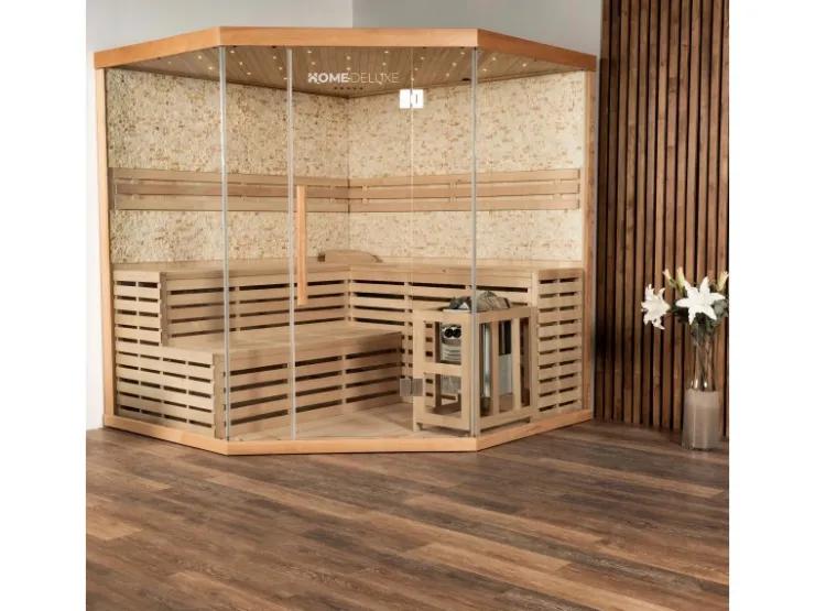 Home Deluxe Traditionelle Sauna SKYLINE BIG Tannenholz Natur XL mit Kunststeinwand* Sitzbänke