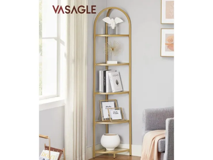 Vasagle Eckregal 5 Ebenen Hartglas 28 cm x 28 cm x 158 cm Gold* Eckregale