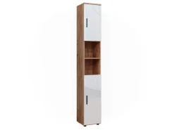Vicco Badschrank Irma Eiche/Weiß Hochglanz 30 x 192 cm mit Türen und Offenen Fächern* Regal Weiß