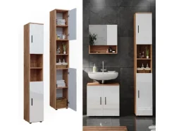 Vicco Badschrank Irma Eiche/Weiß Hochglanz 30 x 192 cm mit Türen und Offenen Fächern* Regal Weiß
