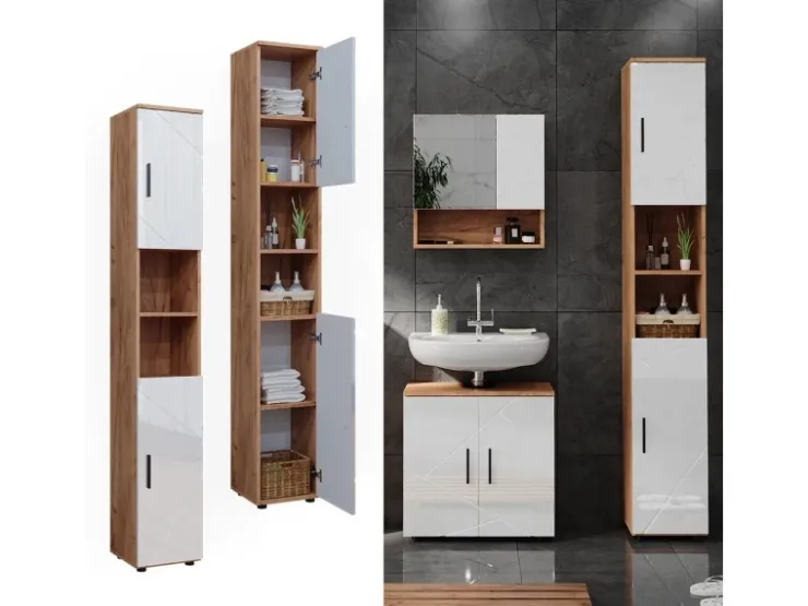 Vicco Badschrank Irma Eiche/Weiß Hochglanz 30 x 192 cm mit Türen und Offenen Fächern* Regal Weiß