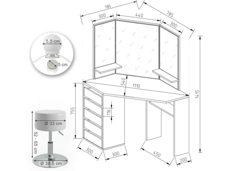 Vicco Eckschminktisch Arielle 110 cm mit Hocker* Hocker