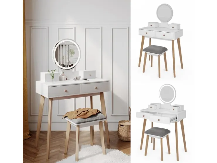 Vicco Schminktisch Finya Weiß 80 cm mit LED Spiegel und Hocker* Hocker