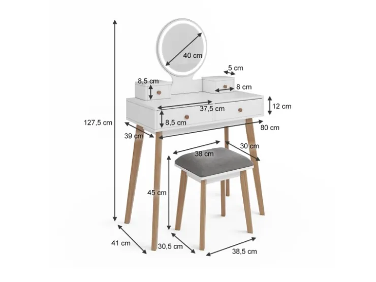 Vicco Schminktisch Finya Weiß 80 cm mit LED Spiegel und Hocker* Hocker