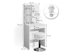 Vicco Schminktisch Isabelle Weiß 60 cm mit LED Beleuchtung und Hocker