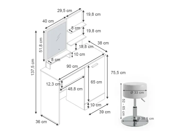 Vicco Schminktisch Julia Weiß 90 cm mit LED-Spiegel und Hocker* Hocker