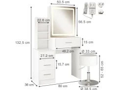 Vicco Schminktisch Lisca Weiß 80 cm mit LED-Spiegel und Hocker