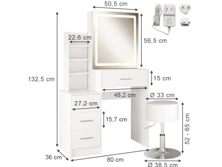 Vicco Schminktisch Lisca Weiß 80 cm mit LED-Spiegel und Hocker