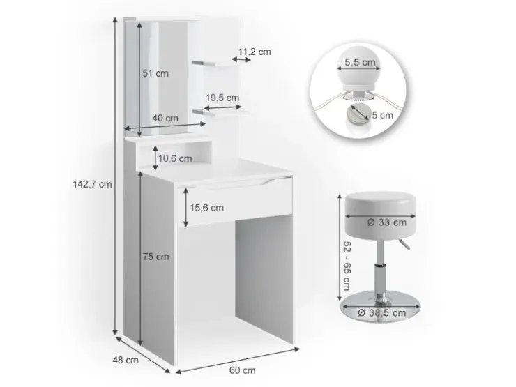 Vicco Schminktisch Ruben Weiß 60 cm mit LED Beleuchtung und Hocker* Hocker