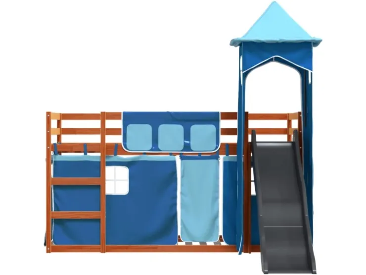 vidaXL Etagenbett mit Rutsche und Gardinen Blau 90x200 cm2097616