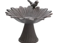 Vogeltränke in Gänseblümchen-Form mit Vogel aus Gusseisen in Dunkelbraun 18,5 cm